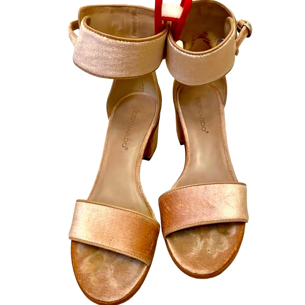 Blush velvet ankle strap heels